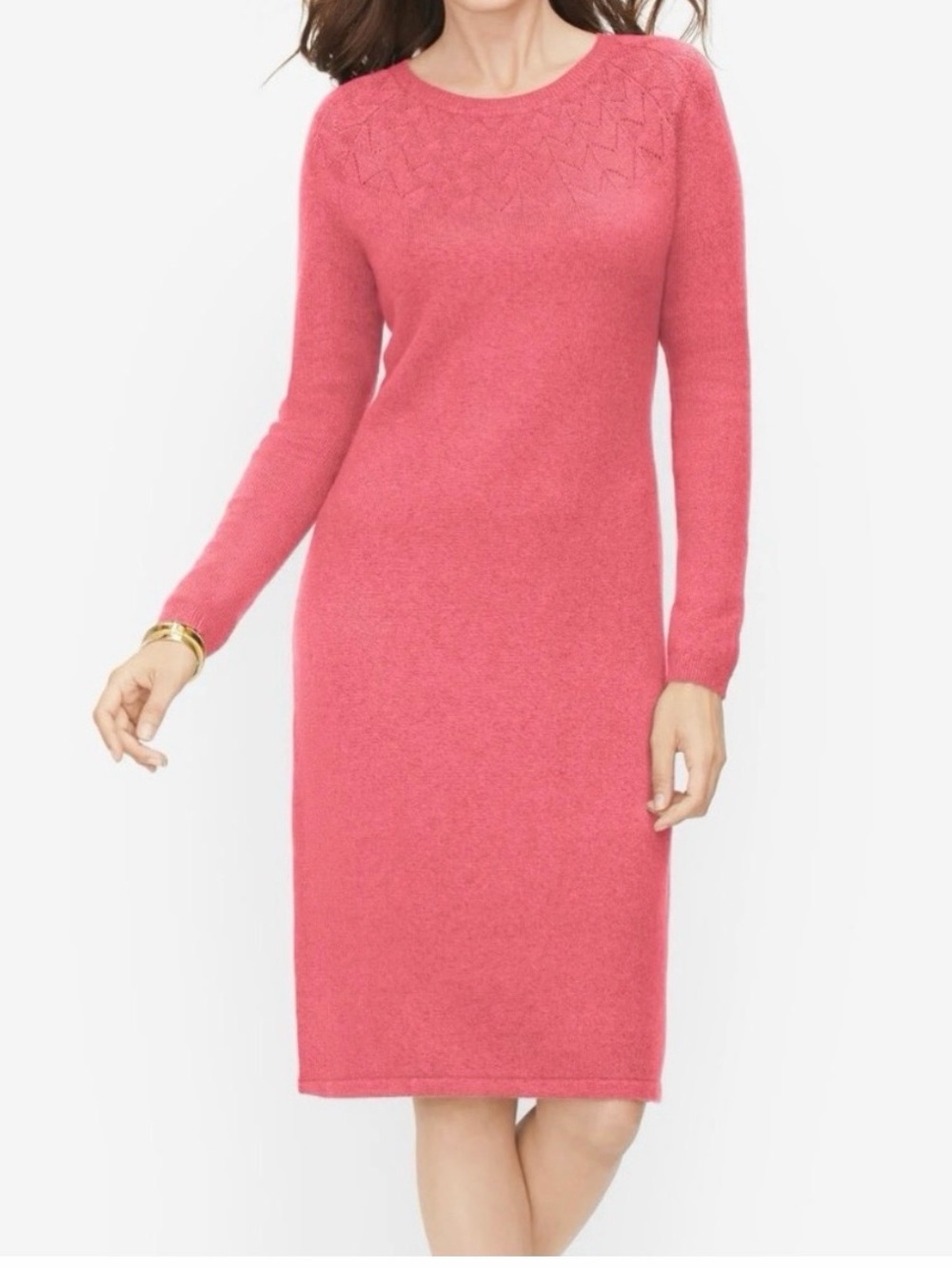 Talbots Pointelle Detail Fall Sweater Dress Womens L Rose Pink Long Sleeves Knit